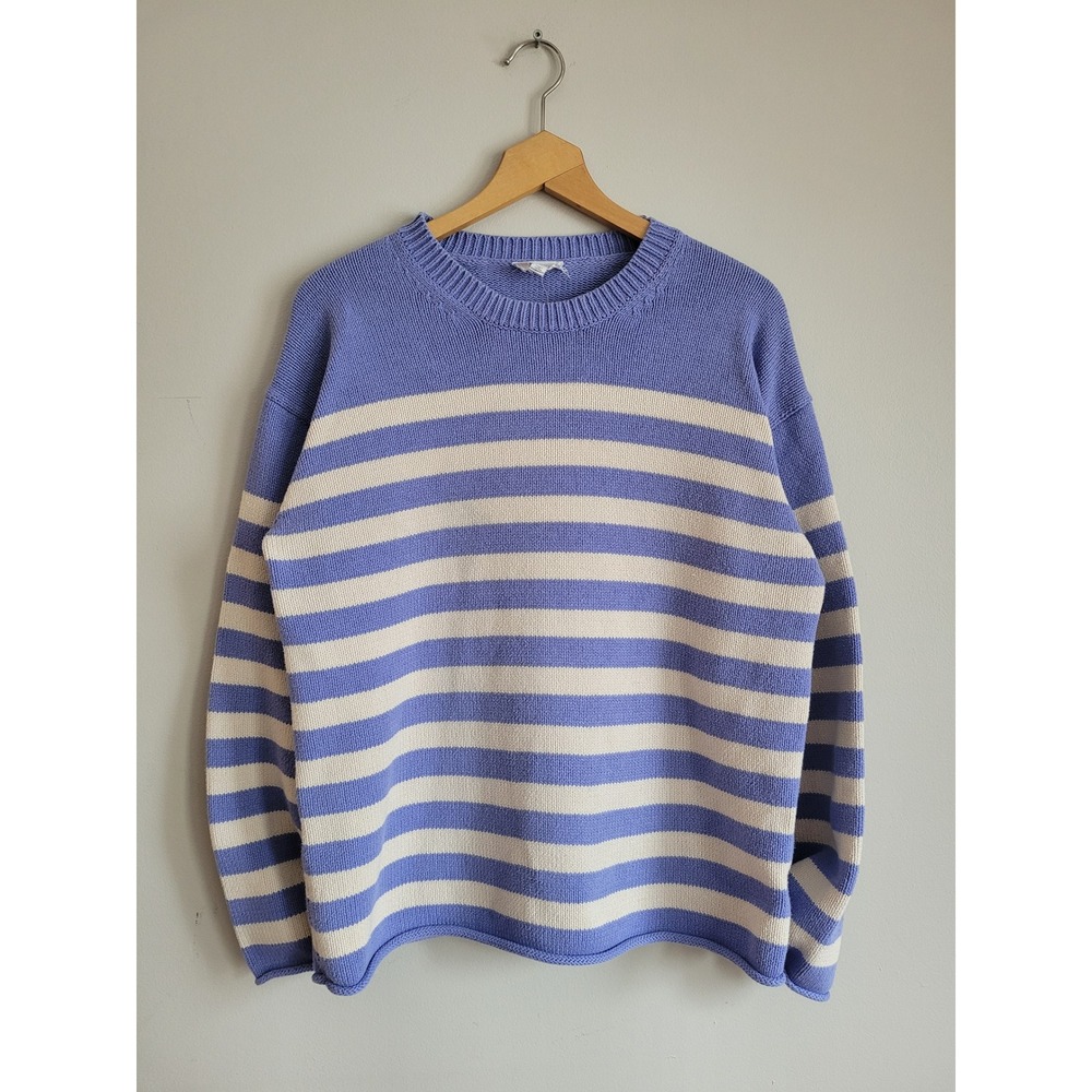 Heyson Womens Striped Knit Sweater Blue White Crew‎ Neck Pullover Large